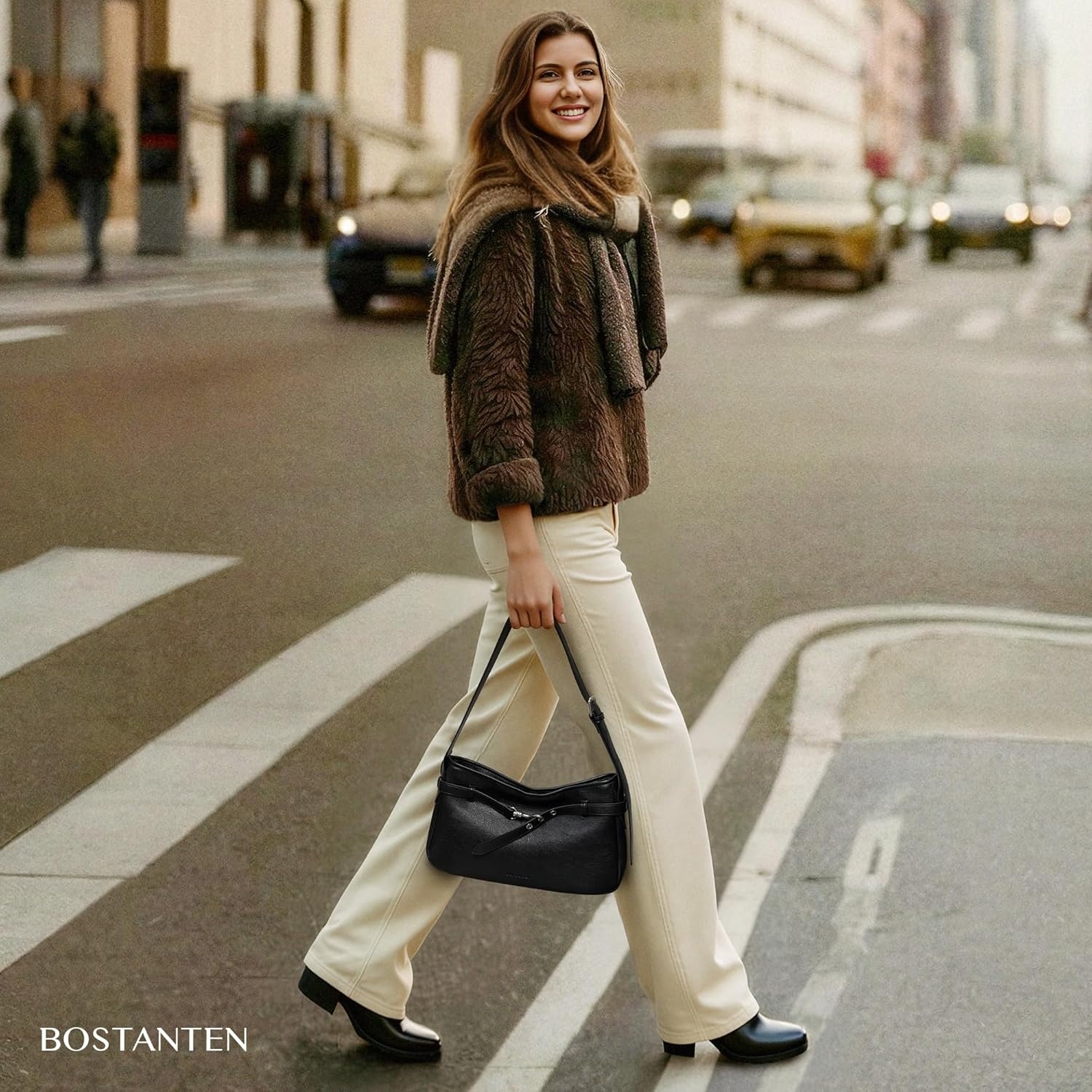 image:imageBOSTANTEN Medium Vegan Leather Shoulder Handbag for Women Vintage Lightweight Hobo Purse with Adjustable Wide Strap for WorkBlack