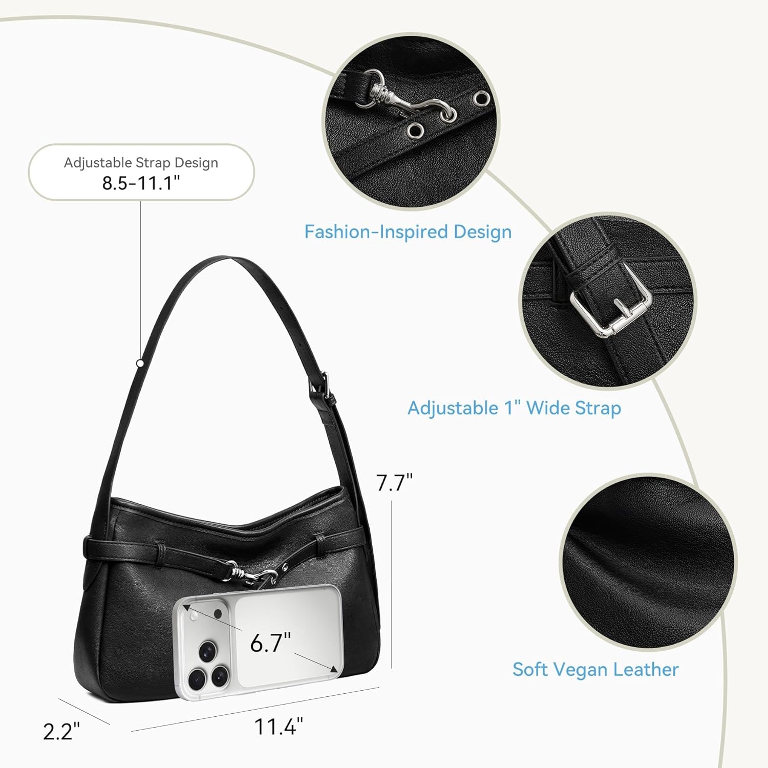 image:imageBOSTANTEN Medium Vegan Leather Shoulder Handbag for Women Vintage Lightweight Hobo Purse with Adjustable Wide Strap for WorkBlack