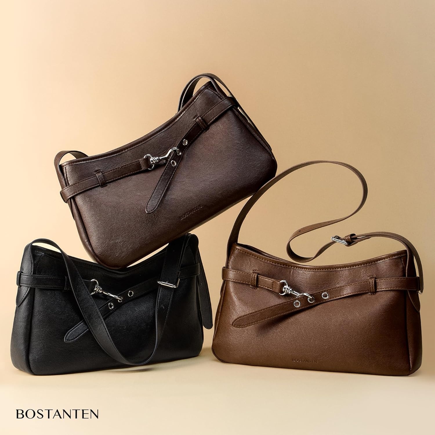 image:imageBOSTANTEN Medium Vegan Leather Shoulder Handbag for Women Vintage Lightweight Hobo Purse with Adjustable Wide Strap for WorkBlack