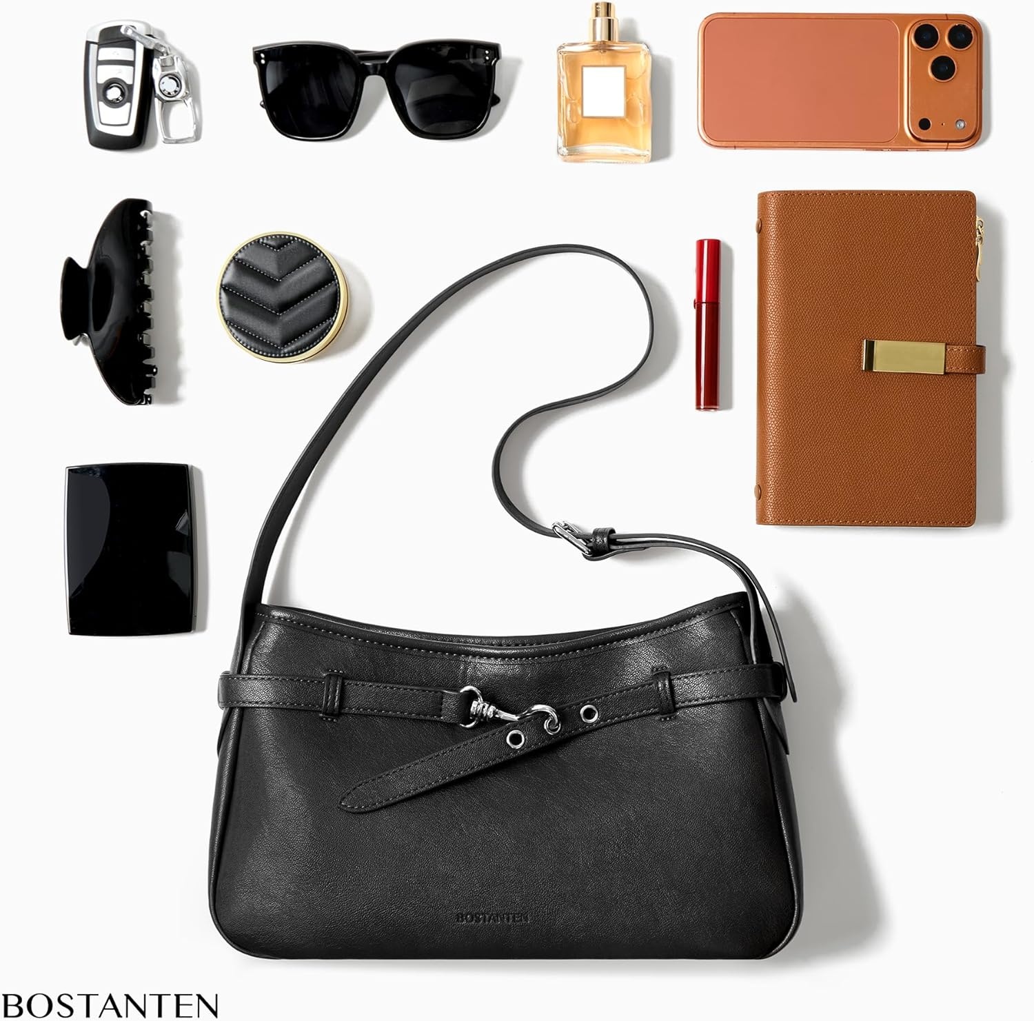 image:imageBOSTANTEN Medium Vegan Leather Shoulder Handbag for Women Vintage Lightweight Hobo Purse with Adjustable Wide Strap for WorkBlack