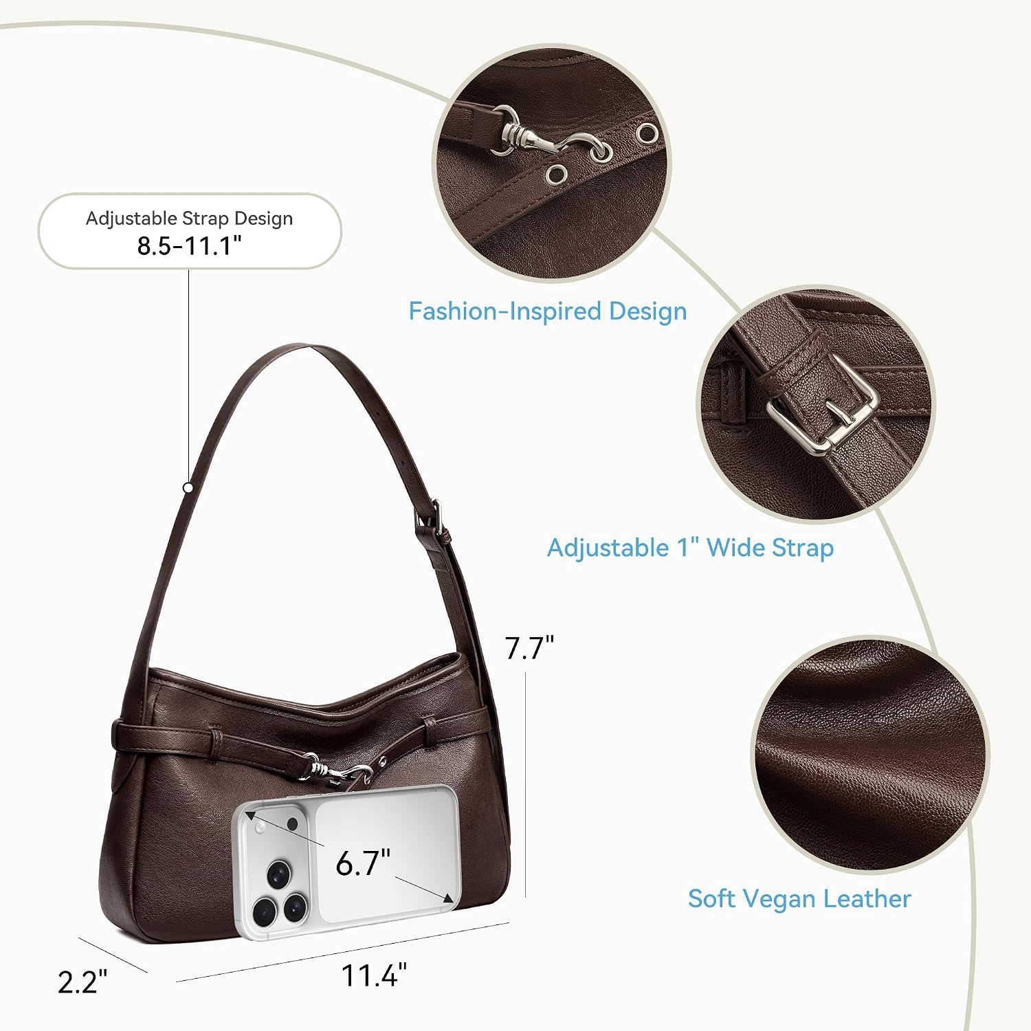 image:imageBOSTANTEN Medium Vegan Leather Shoulder Handbag for Women Vintage Lightweight Hobo Purse with Adjustable Wide Strap for WorkCoffee