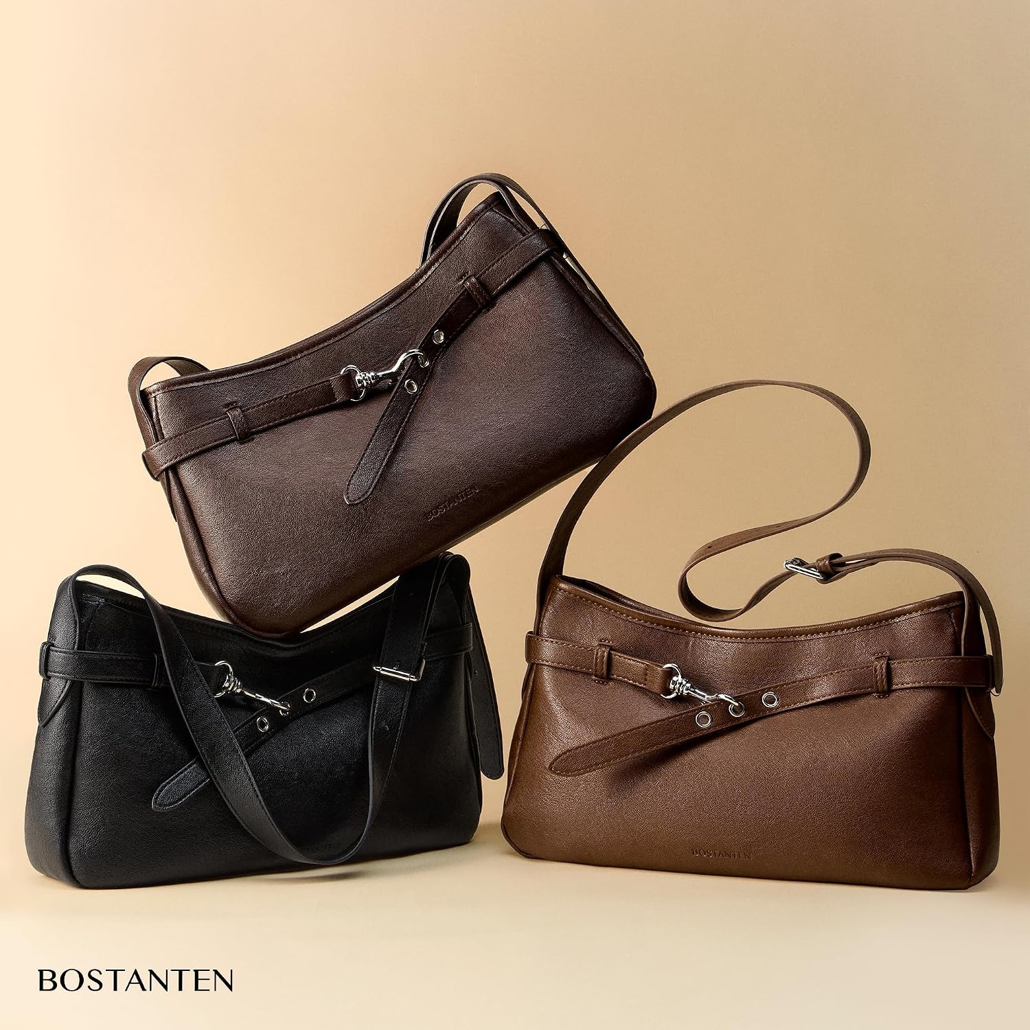 image:imageBOSTANTEN Medium Vegan Leather Shoulder Handbag for Women Vintage Lightweight Hobo Purse with Adjustable Wide Strap for WorkCoffee