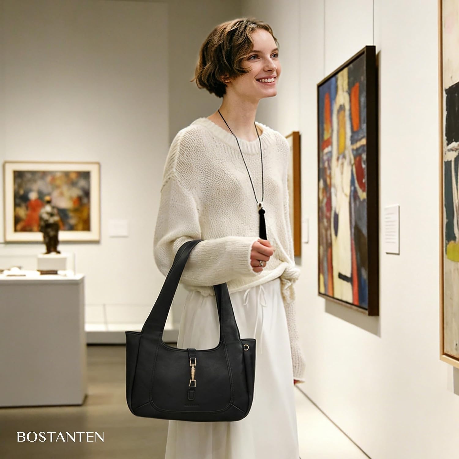 image:imageBOSTANTEN Vintage Shoulder Bag for Women Suede Leather Tote Bag Ladies Lightweight Dumpling Handbag for Work Date TravelVegan Leather Black