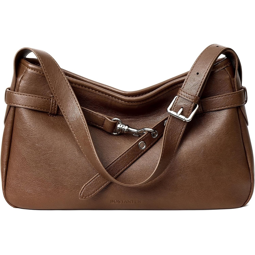 image:imageBOSTANTEN Medium Vegan Leather Shoulder Handbag for Women Vintage Lightweight Hobo Purse with Adjustable Wide Strap for WorkBrown