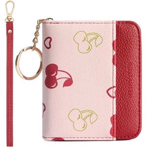 image:imageBOSTANTEN Credit Card Holder Wallet RFID Blocking Leather Small Wallet for Women Zipper Keychain Wallet with Wristlet BlackCherry Print