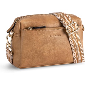 image:imageBOSTANTEN Crossbody Purse for Women Triple Zip Cell Phone Leather Handbag with Colored Shoulder StrapP02camel Brown