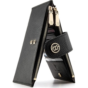 image:imageBOSTANTEN Leather Wallets for Women Large RFID Blocking Slim Bifold Purse Card Holder with Zipper Pocket Black2Black