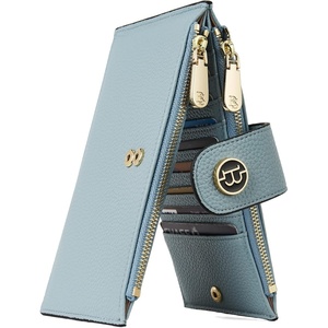 image:imageBOSTANTEN Leather Wallets for Women Large RFID Blocking Slim Bifold Purse Card Holder with Zipper Pocket Black2Blue