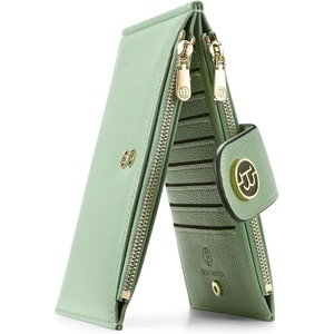 image:imageBOSTANTEN Leather Wallets for Women Large RFID Blocking Slim Bifold Purse Card Holder with Zipper Pocket Black2Green