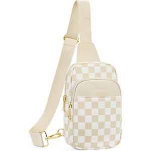 image:imageBOSTANTEN Sling Bag Quilted Crossbody Bags for Women Cross Body Purse Leather Fanny Pack with Adjustable Guitar StrapAcheckered Beige