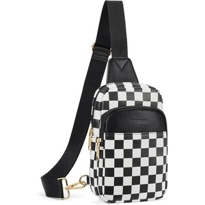 image:imageBOSTANTEN Sling Bag Quilted Crossbody Bags for Women Cross Body Purse Leather Fanny Pack with Adjustable Guitar StrapAcheckered Black