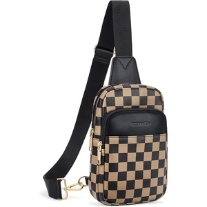 image:imageBOSTANTEN Sling Bag Quilted Crossbody Bags for Women Cross Body Purse Leather Fanny Pack with Adjustable Guitar StrapAcheckered Coffee