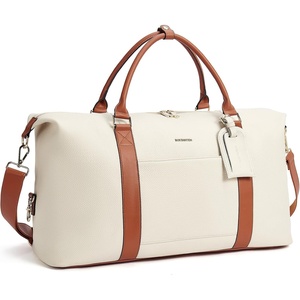 image:imageBOSTANTEN Weekender Bags for Women Leather Duffle Bag for Travel Overnight Duffel Carry on Large Tote with Trolley Sleeve and Luggage TagBeigeBrown