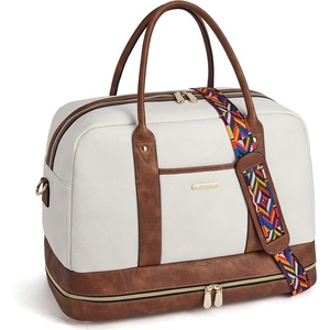 image:imageBOSTANTEN Weekender Bags for Women Leather Travel Duffle Bag Carry On Large Tote Duffel with Shoe Compartment and Trolley Sleeve0Beige with Brown