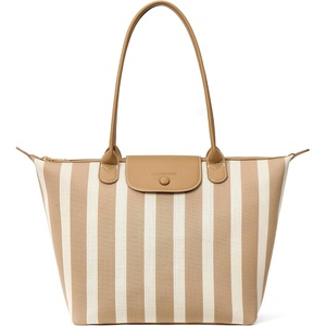 image:imageBOSTANTEN Structured Tote Handbag for Women Lightweight Summer Purse  Soft Flyknit or Straw Material Quiet Luxury Cute Design Roomy Reinforced Handle Strap Vacation Travel Commute EverydayFlyknitkhaki and Beige Striped