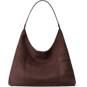 image:imageBOSTANTEN Suede Hobo Bag for Women Slouchy Patchwork Shoulder Handbag Purse  Color Block Stitching Design Lightweight Soft Spacious Fits 13 Laptop Wide Strap Magnetic Snap Outings Work TravelDark Coffee