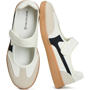 image:imageBOSTANTEN Women Mary Jane Sneakers Retro Ballet Style HookandLoop Strap  Cute Ballerina Style with Suede Round Toe and Adjustable Straps Ultra Flexible and Lightweight Sole Padded Heel CollarBeige