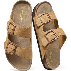 image:imageBOSTANTEN Womens Slide Sandals Comfortable Faux Suede Adjustable StrapsCamel